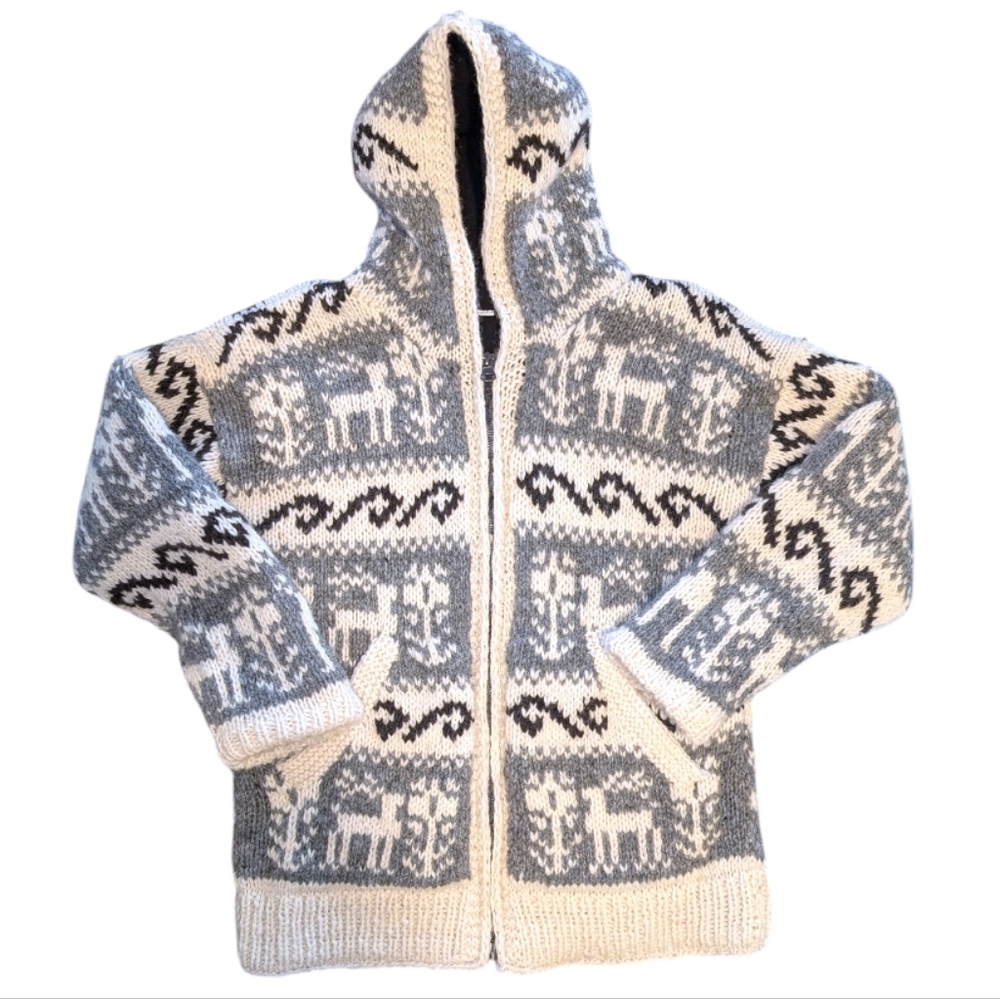 Himalayan 100% Wool Hooded Knit Jacket With Fleece Lining Size Medium Cowichan